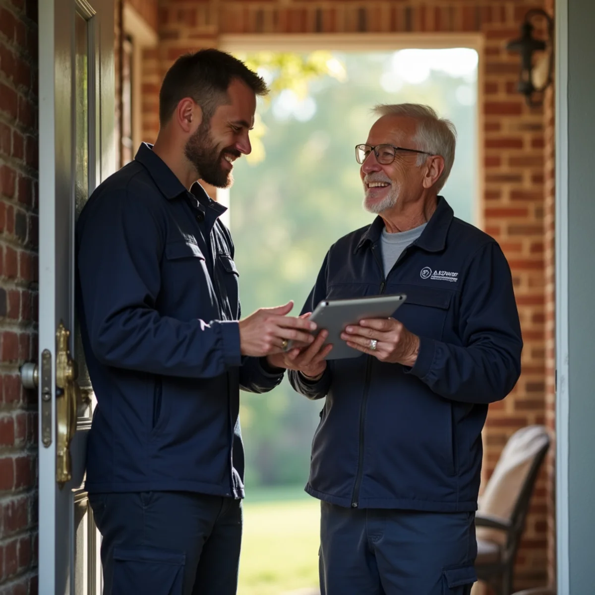 HVAC technician reviewing completed furnace service with a smiling Frankfort, Kentucky homeowner